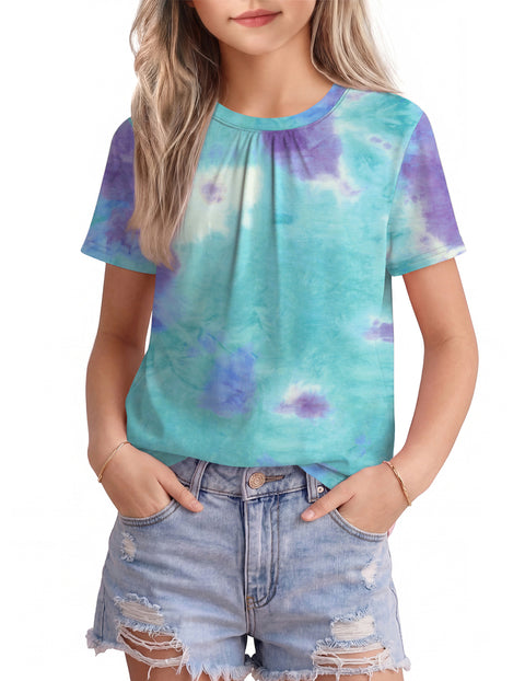 Girls Pleated Crewneck Short Sleeve T-Shirt Summer Casual Top