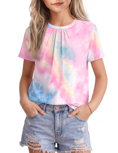 Girls Pleated Crewneck Short Sleeve T-Shirt Summer Casual Top