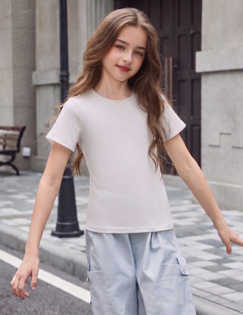 Girls Ribbed Knit Crew Neck Short Sleeve T-Shirt Basic Casual Tee