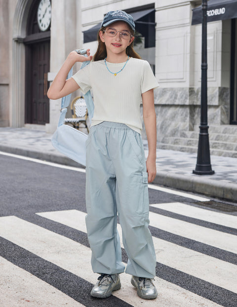 Girls Ribbed Knit Crew Neck Short Sleeve T-Shirt Basic Casual Tee