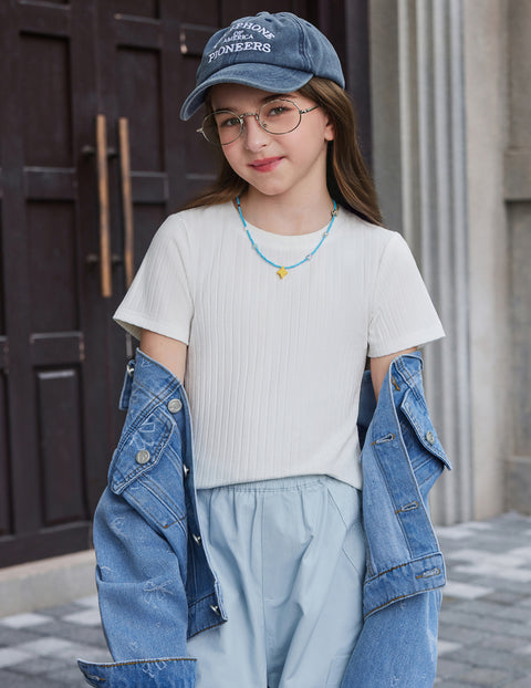 Girls Ribbed Knit Crew Neck Short Sleeve T-Shirt Basic Casual Tee