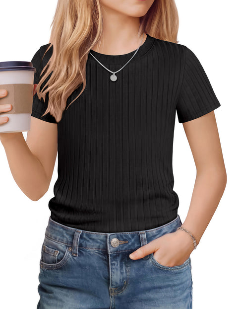 Girls Ribbed Knit Crew Neck Short Sleeve T-Shirt Basic Casual Tee