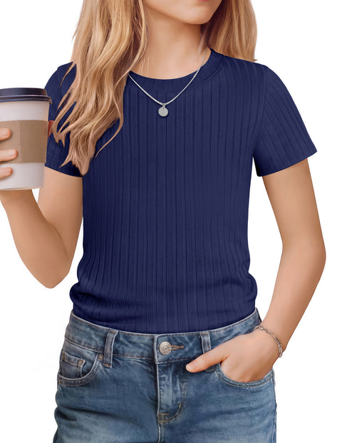 Girls Ribbed Knit Crew Neck Short Sleeve T-Shirt Basic Casual Tee