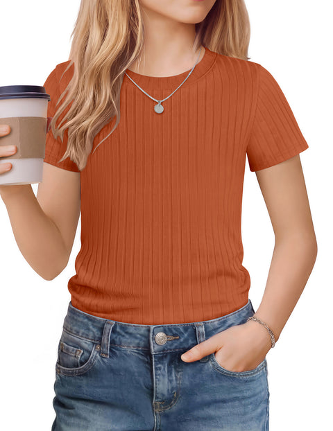 Girls Ribbed Knit Crew Neck Short Sleeve T-Shirt Basic Casual Tee