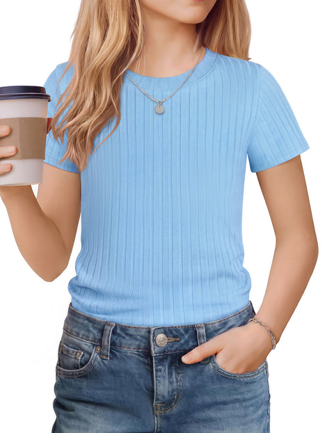 Girls Ribbed Knit Crew Neck Short Sleeve T-Shirt Basic Casual Tee