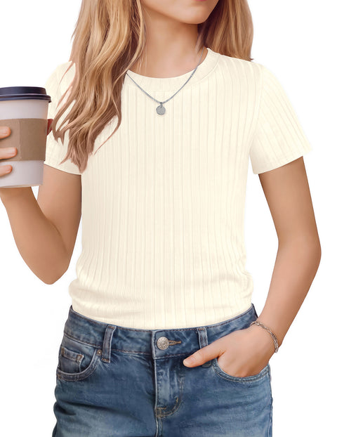 Girls Ribbed Knit Crew Neck Short Sleeve T-Shirt Basic Casual Tee