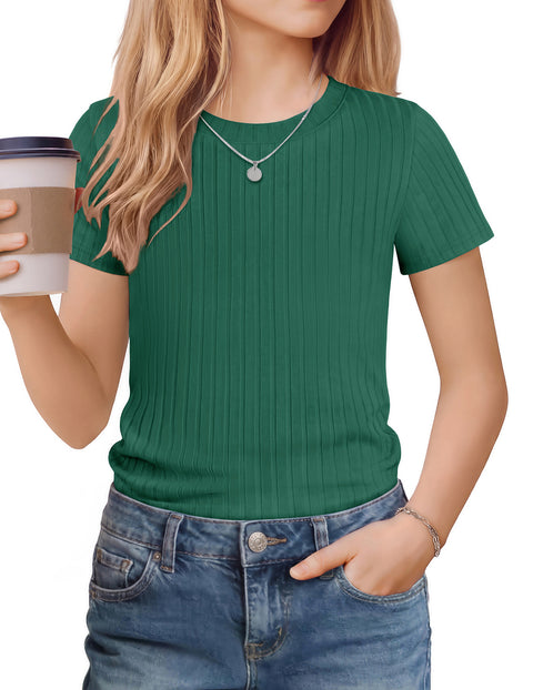 Girls Ribbed Knit Crew Neck Short Sleeve T-Shirt Basic Casual Tee