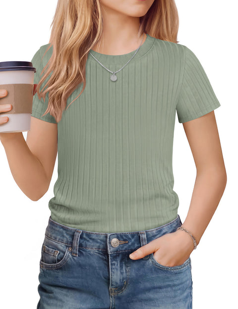 Girls Ribbed Knit Crew Neck Short Sleeve T-Shirt Basic Casual Tee