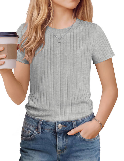 Girls Ribbed Knit Crew Neck Short Sleeve T-Shirt Basic Casual Tee