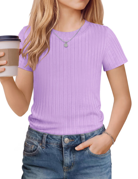 Girls Ribbed Knit Crew Neck Short Sleeve T-Shirt Basic Casual Tee