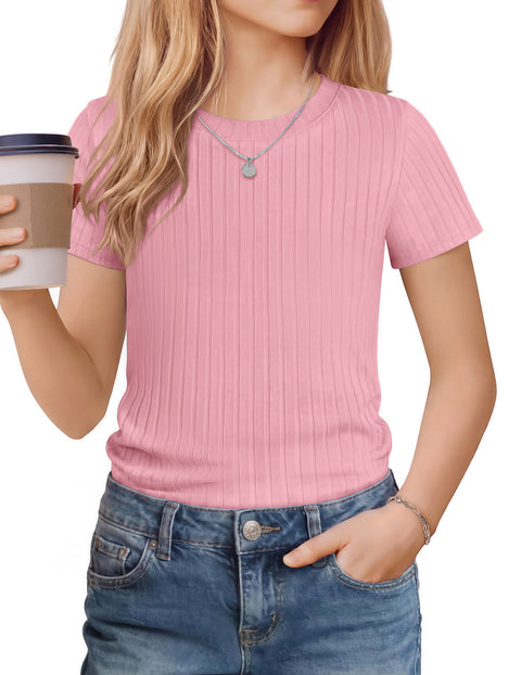 Girls Ribbed Knit Crew Neck Short Sleeve T-Shirt Basic Casual Tee