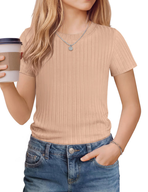 Girls Ribbed Knit Crew Neck Short Sleeve T-Shirt Basic Casual Tee