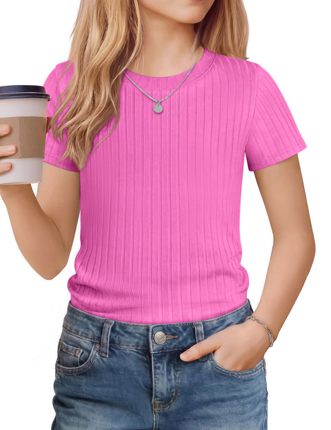 Girls Ribbed Knit Crew Neck Short Sleeve T-Shirt Basic Casual Tee
