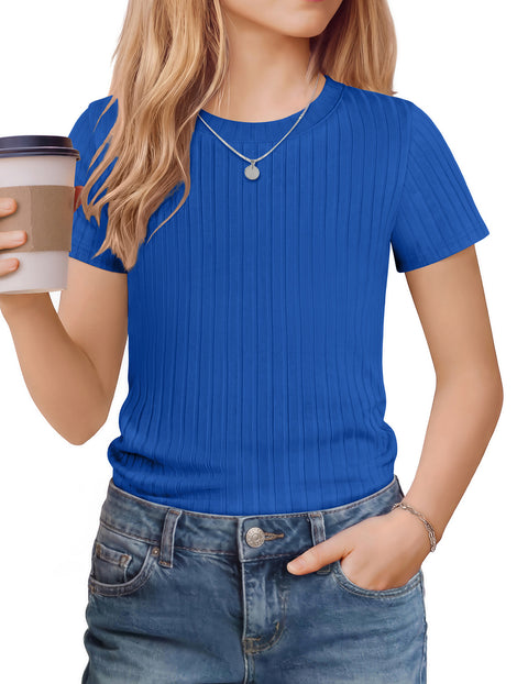 Girls Ribbed Knit Crew Neck Short Sleeve T-Shirt Basic Casual Tee