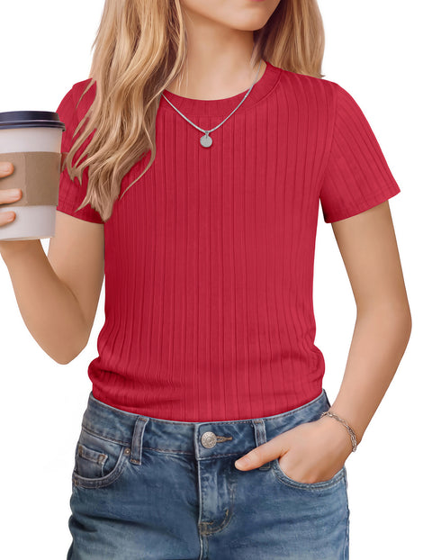 Girls Ribbed Knit Crew Neck Short Sleeve T-Shirt Basic Casual Tee