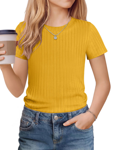 Girls Ribbed Knit Crew Neck Short Sleeve T-Shirt Basic Casual Tee