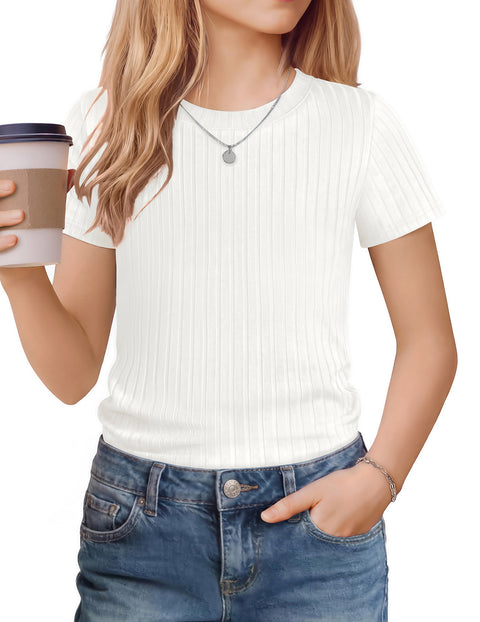 Girls Ribbed Knit Crew Neck Short Sleeve T-Shirt Basic Casual Tee