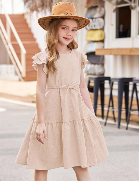 Arshiner Toddler Cotton Linen Dress Summer Casual Party Double-Ruffle Sleeves Dresses 2-6Y