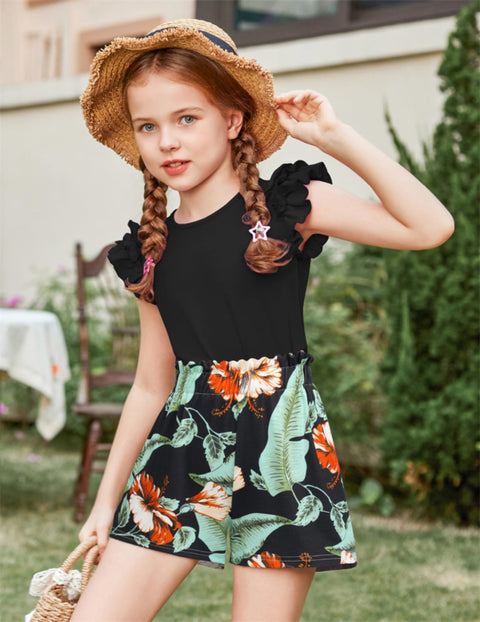 Arshiner Girls 2 Piece Outfits Summer Clothes Ruffle Short Sleeve Shirts Top and High Waist Paper Bag Shorts Set with Pockets
