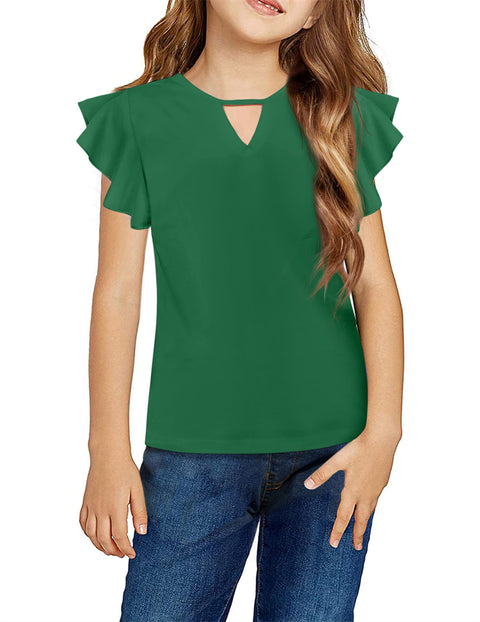 Arshiner Girls Shirts Short Sleeve Tee Ruffle Solid Summer Keyhole Neck Cotton Blouse Tops