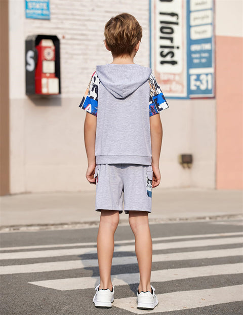 Arshiner Boys Summer Outfits Letter Graphic Short Sleeve Pullover Hooded T-shirt and Shorts Set