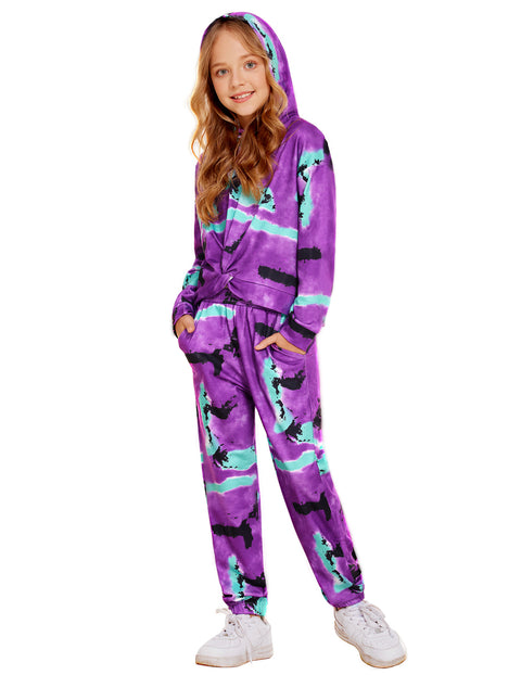 Arshiner Girl's 2 Piece Sets Tie-dye Twist Front Hooded Sweatshirt and Sweatpants