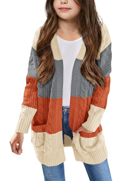 Girls Open Front Chunky Cardigan Cable Knit Sweater Coat with Pockets