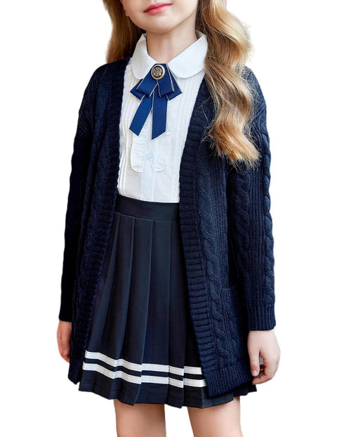 Girls Open Front Chunky Cardigan Cable Knit Sweater Coat with Pockets
