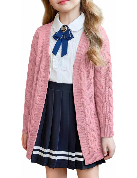 Girls Open Front Chunky Cardigan Cable Knit Sweater Coat with Pockets