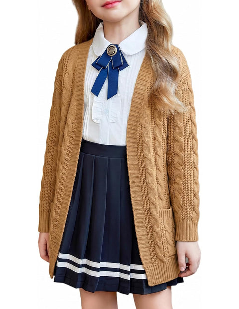 Girls Open Front Chunky Cardigan Cable Knit Sweater Coat with Pockets