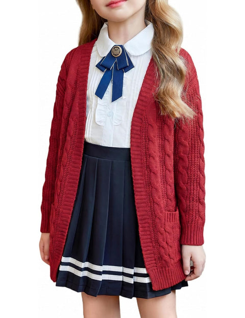 Girls Open Front Chunky Cardigan Cable Knit Sweater Coat with Pockets