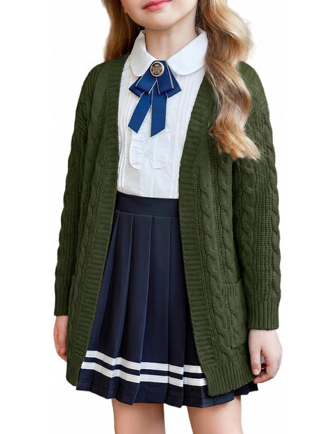 Girls Open Front Chunky Cardigan Cable Knit Sweater Coat with Pockets