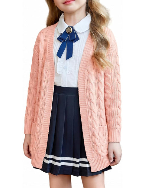 Girls Open Front Chunky Cardigan Cable Knit Sweater Coat with Pockets