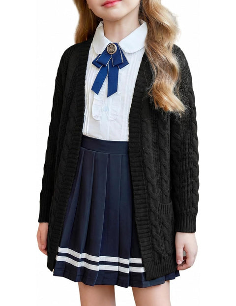 Girls Open Front Chunky Cardigan Cable Knit Sweater Coat with Pockets