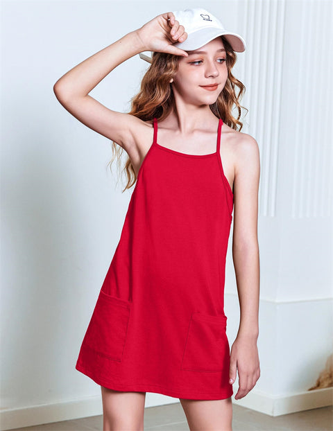Arshiner Girls Dress with Shorts Casual Summer Spaghetti Straps One Piece Romper Dresses with Pockets for Kid 5-14 Y