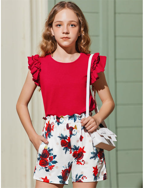 Arshiner Girls 2 Piece Outfits Summer Clothes Ruffle Short Sleeve Shirts Top and High Waist Paper Bag Shorts Set with Pockets