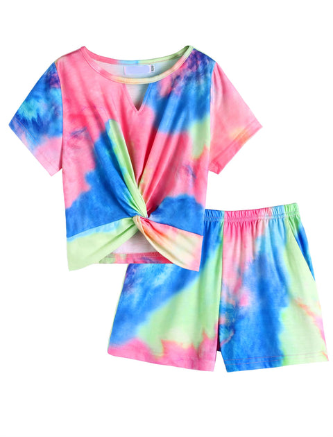 Arshiner Girls Summer 2 Piece Outfits Tie Dye Short Sets Casual Twist Front Short Sleeve Tops and Pant with Pockets