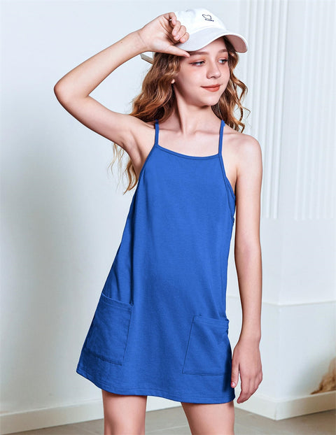 Arshiner Girls Dress with Shorts Casual Summer Spaghetti Straps One Piece Romper Dresses with Pockets for Kid 5-14 Y