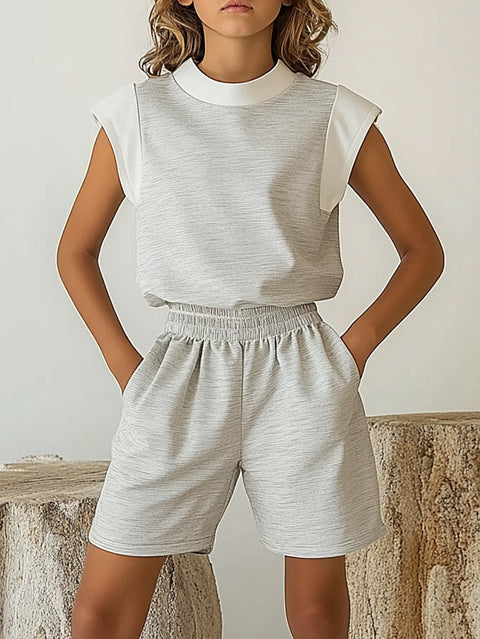 [6-13Y]  Round High Neck Wing Sleeves Two Pieces
