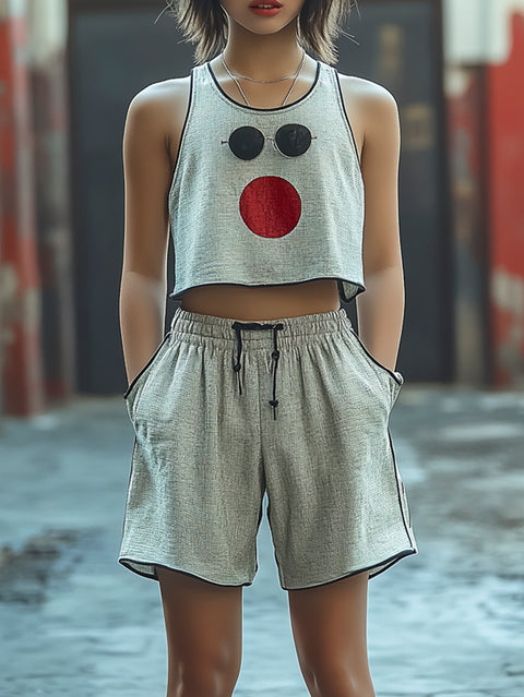 [6-13Y] Sleeveless Glasses Printed Short Drawstring Two Pieces