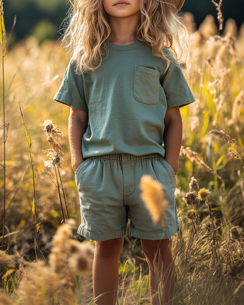 [6-13Y] Round Neck Pocket Drawstring Two Pieces