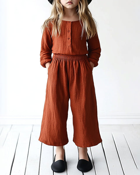 [6-13Y] Round Neck Buttons Culottes Two-Piece