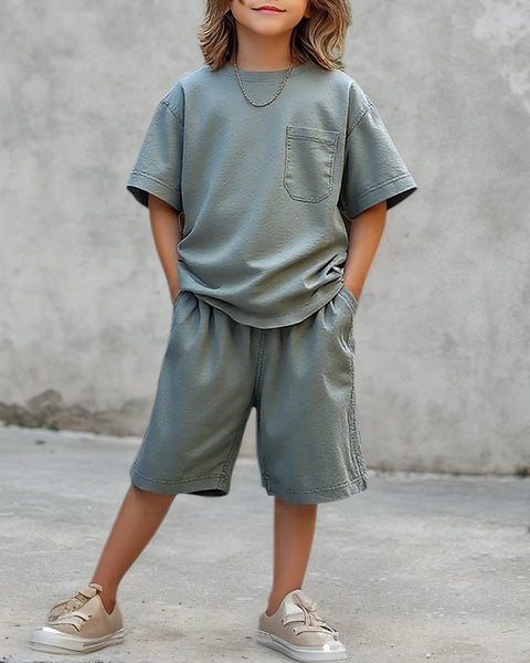 [6-13Y] Round Neck Pocket Drawstring Two Pieces
