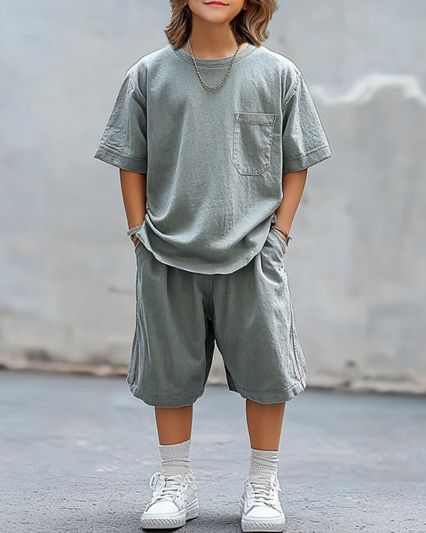 [6-13Y] Round Neck Pocket Drawstring Two Pieces