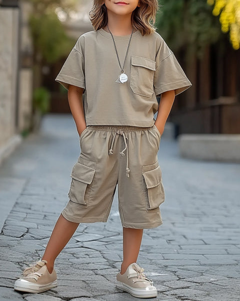 [6-13Y] Round Neck Pocket Shorts Drawstring Two Pieces