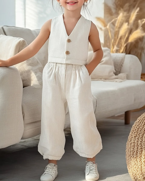 [6-13Y]  Striped Sleeveless V-neck Vest Trousers Two-Piece