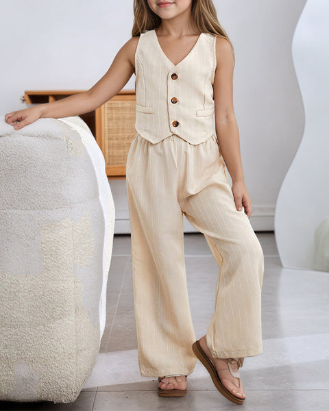 [6-13Y]  Striped Sleeveless V-neck Vest Trousers Two-Piece