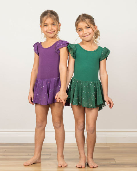 Arshiner Girls Shiny Ruffle Sleeve Ballet Leotard with Skirt