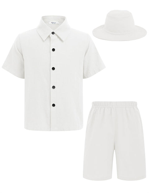 Arshiner Boys Cotton Linen Short Sets Button Down Short Sleeve Shirt and Shorts with Bucket Hat Summer Beach Outfits