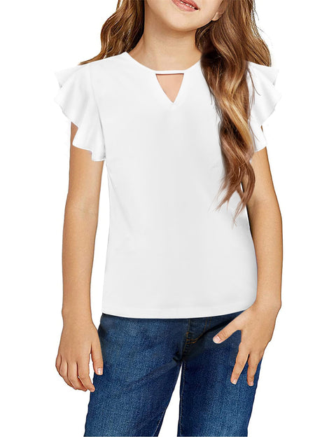 Arshiner Girls Shirts Short Sleeve Tee Ruffle Solid Summer Keyhole Neck Cotton Blouse Tops